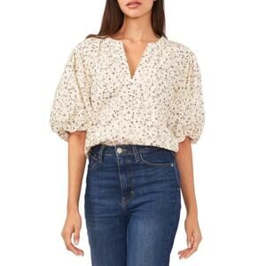 Vince Camuto Women's Birch Floral Print Split Neck Puff Sleeve Top Size M